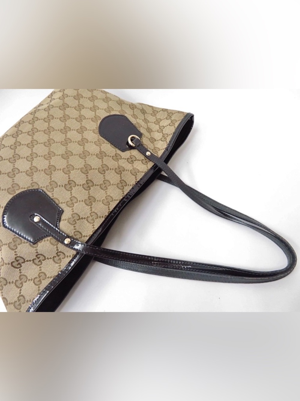 Gucci Beige GG Monogram Canvas Patent Leather Tote Bag - Picture 11 of 16